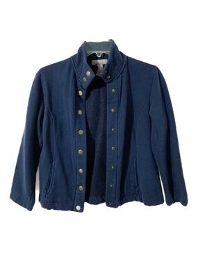 Kate Hill Petites Long Sleeve Snap Front Sweatshirt Jacket Mock Turtle Neck Navy